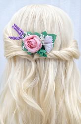 decorative fancy bridal flower hair piece. pink rose, baby's breath, lavender, greenery hair comb.