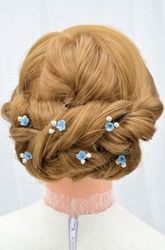 blue forget me not and white baby's breath hair pins. wedding hair pieces. bridal hair accessories