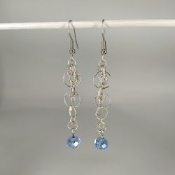 elegant long chain maille earrings with blue beads