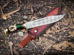 hand forged damascus steel hunting bowie knife with camel bone and wood handle with sheath, gift item, christmas gift