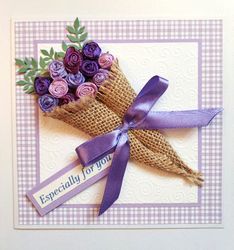 boxed luxury card with handmade rosebuds bouquet, purple rose greeting card for all occasions, card especially for you