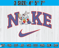 nike white rabbit embroidery, alice in wonderland emb, nike logo embroidery