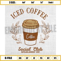 iced coffee social club embroidery design, coffee club embroidery, drink embroidery