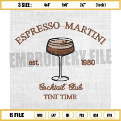 espresso martini embroidery design, cocktail club est 1980 embroidery, coffee drink embroidery