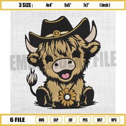 highland cow chibi embroidery design, western cow embroidery, american embroidery