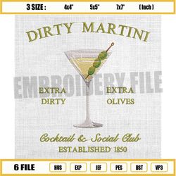 cocktail social club est 1850 embroidery, dirty martini embroidery, extra dirty extra olives embroidery