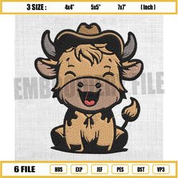 cute highland cow embroidery design, chibi cow yak embroidery, western american embroidery
