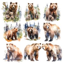 grizzly bear watercolor clipart, grizzly bear cute clip art, card making clipart, bear clipart ,watercolor illustration,