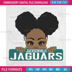 jacksonville jaguars messy bun girl embroidery, nfl embroidery, jaguars embroidery design, football embroidery