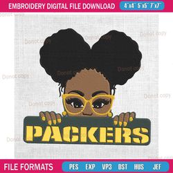 green bay packers messy bun girl embroidery, nfl embroidery, packers embroidery design, football embroidery