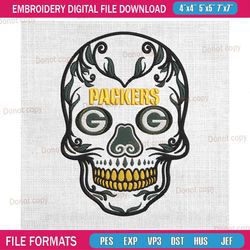 green bay packers skull logo embroidery, nfl embroidery, packers embroidery design, football embroidery