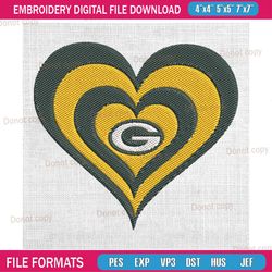 green bay packers football heart embroidery, nfl embroidery, packers embroidery design, football embroidery