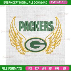green bay packers wings embroidery, nfl embroidery, packers embroidery design, football embroidery