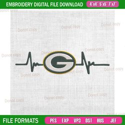 green bay packers heartbeat logo embroidery, nfl embroidery, packers embroidery design, football embroidery