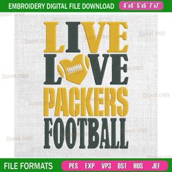 live love packers football embroidery, nfl embroidery, packers embroidery design, football embroidery