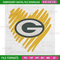 green bay packers heart doodle embroidery, nfl embroidery, packers embroidery design, football embroidery