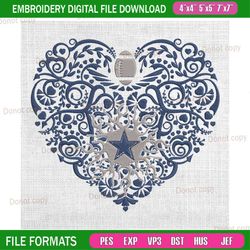 dallas cowboys heart pattern embroidery, nfl embroidery, cowboys embroidery design, football embroidery