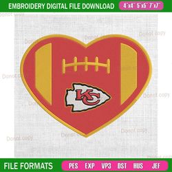 kansas city chiefs heart shape football embroidery, nfl embroidery, chiefs embroidery design, football embroidery