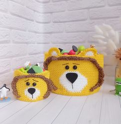 toy basket with cute crochet lion design - nursery room must-have, 2 pcs