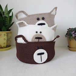 round crochet basket with bear design - perfect baby gift for nursery storage, 1 pc