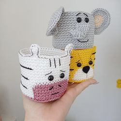 animal basket trio - tiger, zebra, and elephant - ideal for nursery toy storage and animals baby room decor, 3 pc.