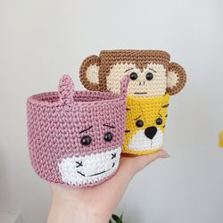 crochet tiger, monkey, and hippopotamus baskets - charming animal-inspired baby room storage, 3 pc.