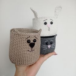 Set of handmade mini baskets Bear, Cat, Hare, 3 pcs,