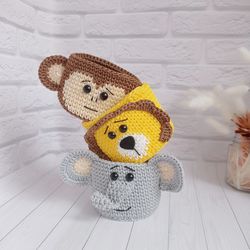 crochet lion, monkey, and elephanr baskets - charming animal-inspired baby room storage, 3 pc.