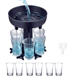 "six-cup shot dispenser set with glasses - ideal for pouring liquids, liquor, and iced beverages - automatic wine dispen