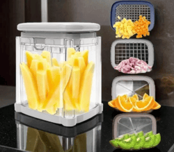 "crazyqueen 4-in-1 food dicer chop box: manual potato french fry and vegetable cutter with 4 blades"