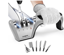 "longzon 4-in-1 knife sharpener kit: includes cut-resistant glove, ideal for ceramic and steel knives, scissors - premiu