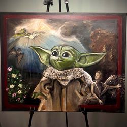 original acrylic painting baby yoda and divine grace