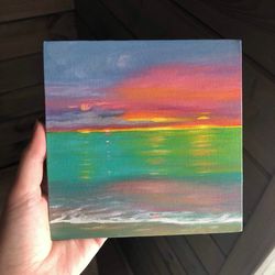 seascape oil painting small artwork canvas 15x15 cm