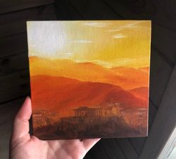 sunset oil painting small landscape artwork 15x15 cm