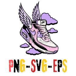 winged nike air sneaker graphic with purple clouds - layered svg, png, eps designs