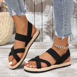 comfy beach flat sandals, summer open toe ankle elastic strap slingback shoes