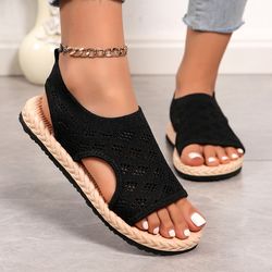 knitted flat sandals, open toe elastic slip on summer shoes