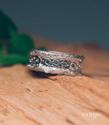 wide shiny silver celtic wedding band vintage style sterling tree bark and celtic knot ring