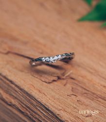 thin stackable curved chevron wedding band shiny cz diamonds on a tree branch - tiny silver wishbone ring for women