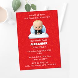 boss baby 1st birthday party invitation red baby patterns  - digital file