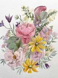 bouquet of pink flowers original watercolor painting artistic floral watercolor