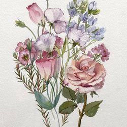 a bouquet of flowers is an original watercolor painting. a large bouquet of flowers in watercolor