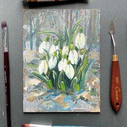 snowdrops original oil painting artwork small oil painting