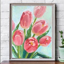 pink tulips original oil painting artwork small oil painting
