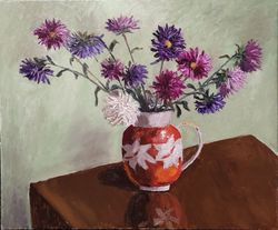 original oil painting plein air still life flowers asters