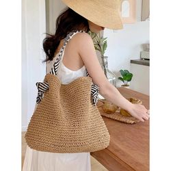 handmade woven bag, leather strap, woven bag pattern, shopping bag minimal style. size: top width 43 x bottom width 24 x