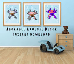 axolotl blue water drops room decor set of 3 kids and nursery wall art