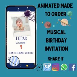 made to order animated birthday invitation with photo space theme birthday invitation, digital download