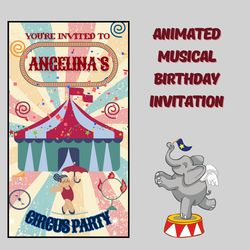 made to order animated musical birthday invitation circus theme party, birthday invitation digital download