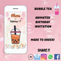 made to order animated bubble tea invitation, birthday invitation digital download